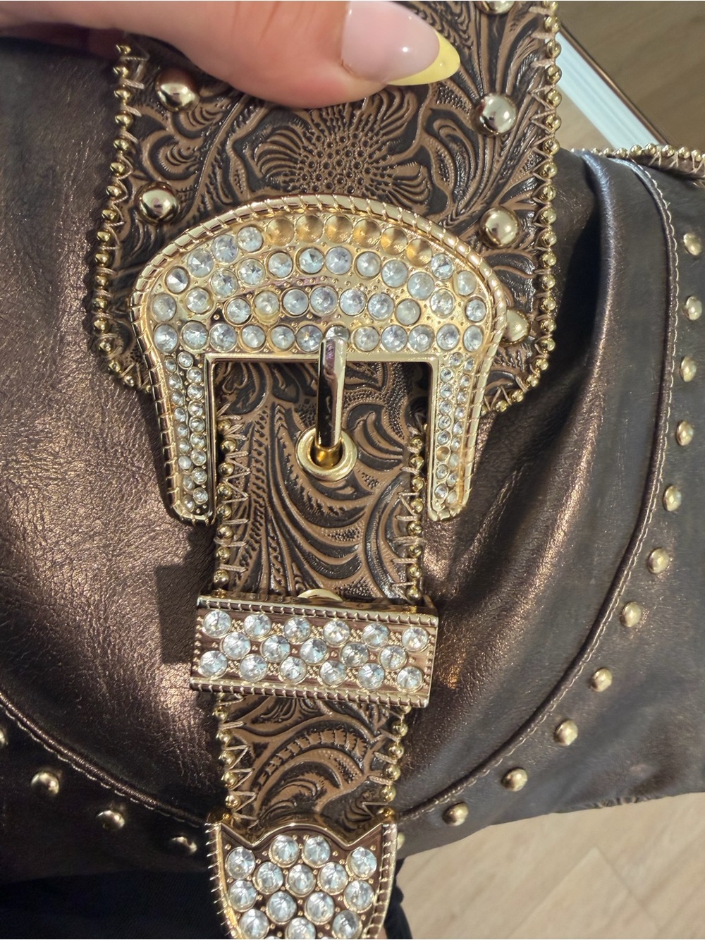 Women's Embossed Brown Shoulder Bag with Crystal Buckle - Picture 4 of 6